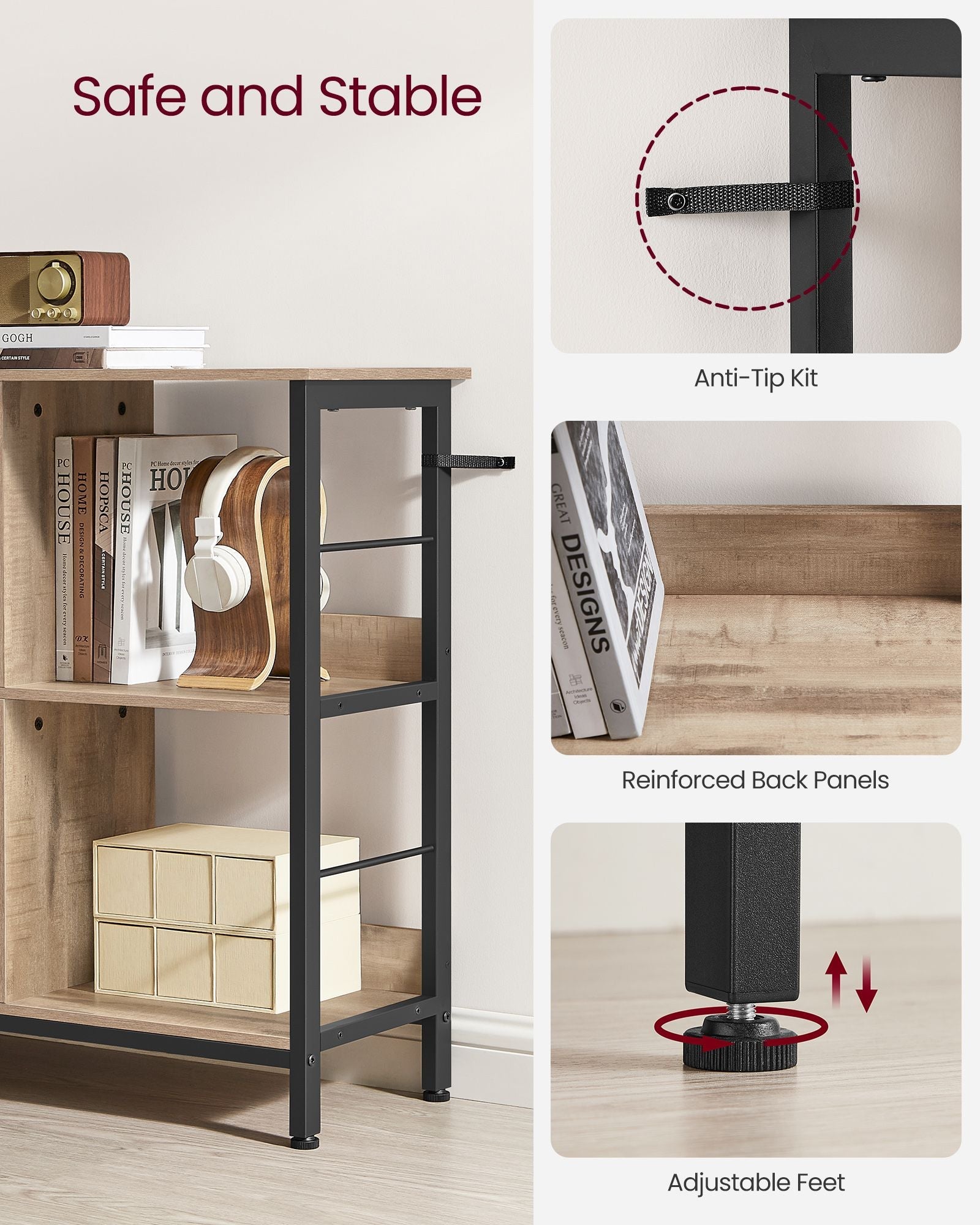 4-Tier Bookcase – Wood and Metal – Camel Brown and Ink Black – Industrial Rustic Design