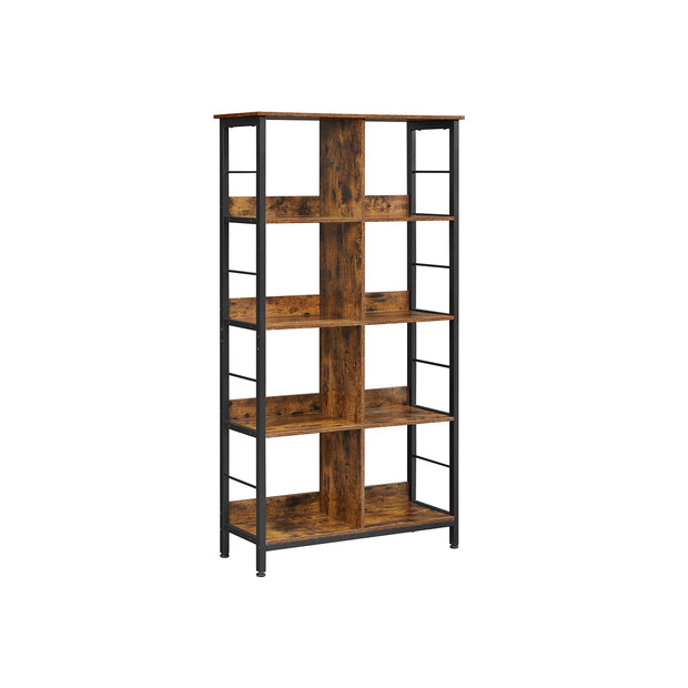 4-Tier Bookshelf – Wood and Metal – Rustic Brown and Black – Industrial Design with Compartment