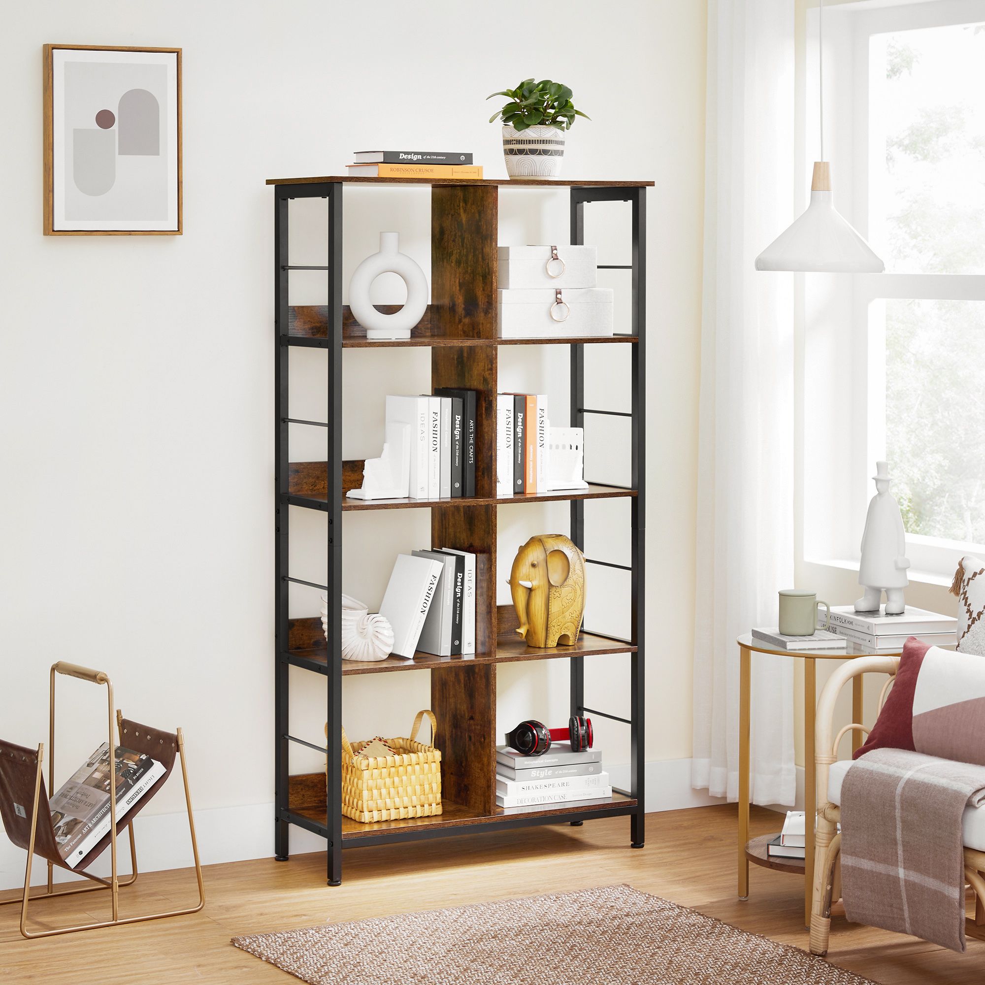 4-Tier Bookshelf – Wood and Metal – Rustic Brown and Black – Industrial Design with Compartment