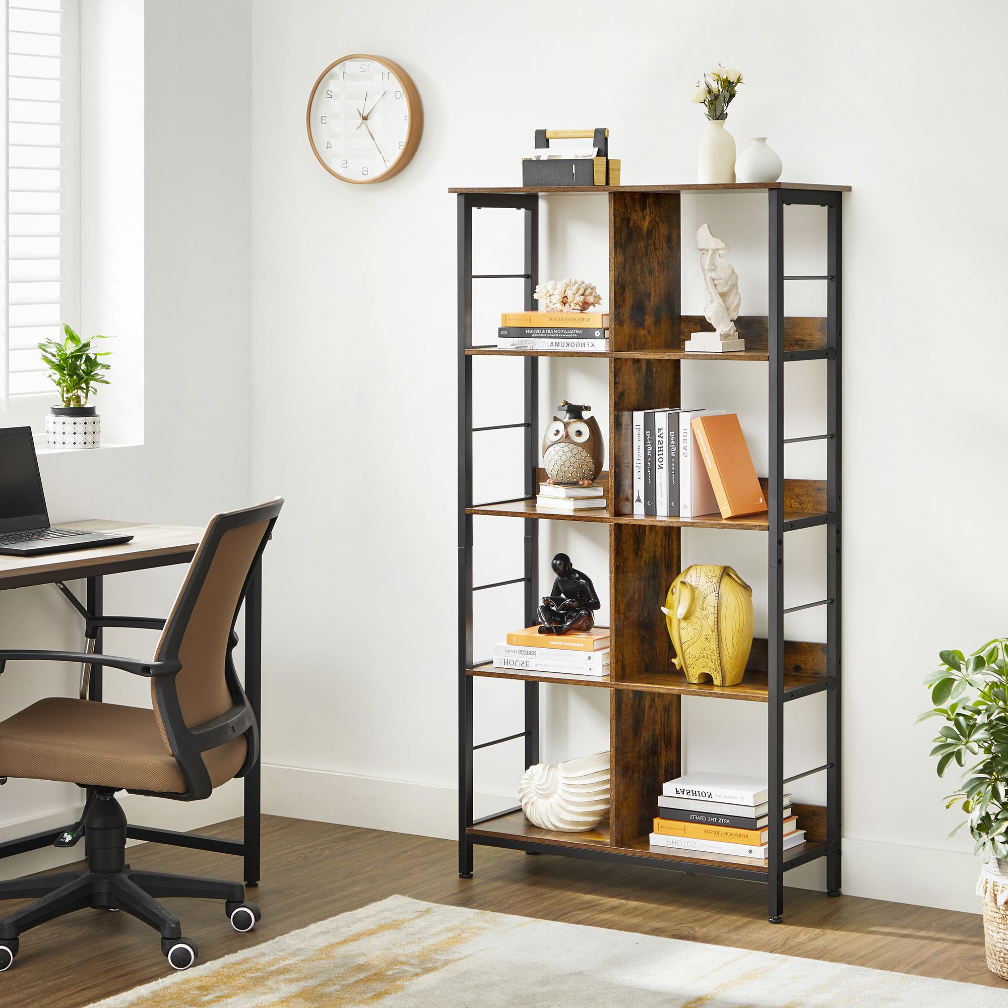 4-Tier Bookshelf – Wood and Metal – Rustic Brown and Black – Industrial Design with Compartment