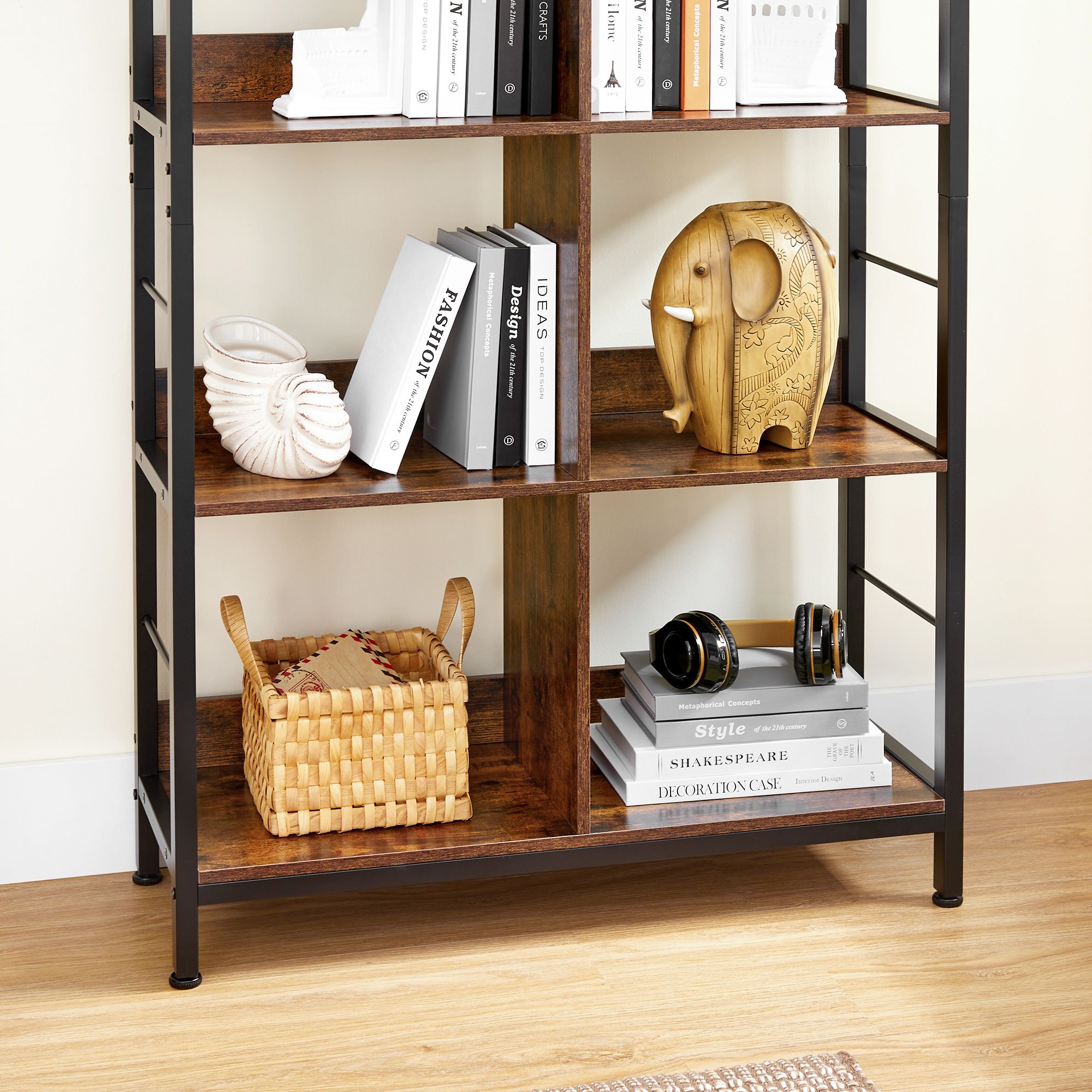 4-Tier Bookshelf – Wood and Metal – Rustic Brown and Black – Industrial Design with Compartment