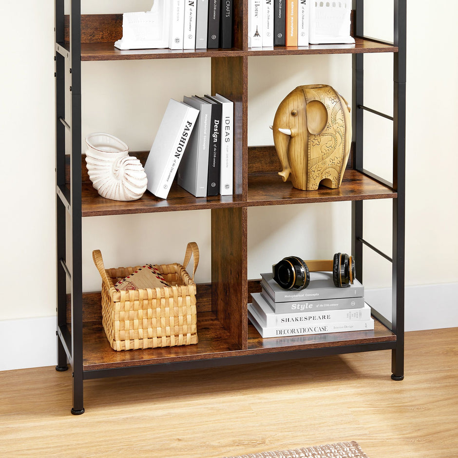 4-Tier Bookshelf – Wood and Metal – Rustic Brown and Black – Industrial Design with Compartment
