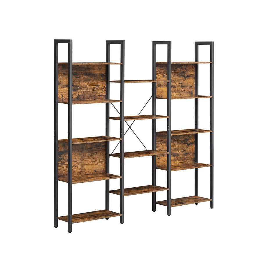 Large Bookshelf – Metal – Rustic Brown and Black – 14 Storage Shelves, Industrial Style