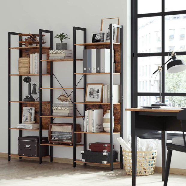 Large Bookshelf – Metal – Rustic Brown and Black – 14 Storage Shelves, Industrial Style