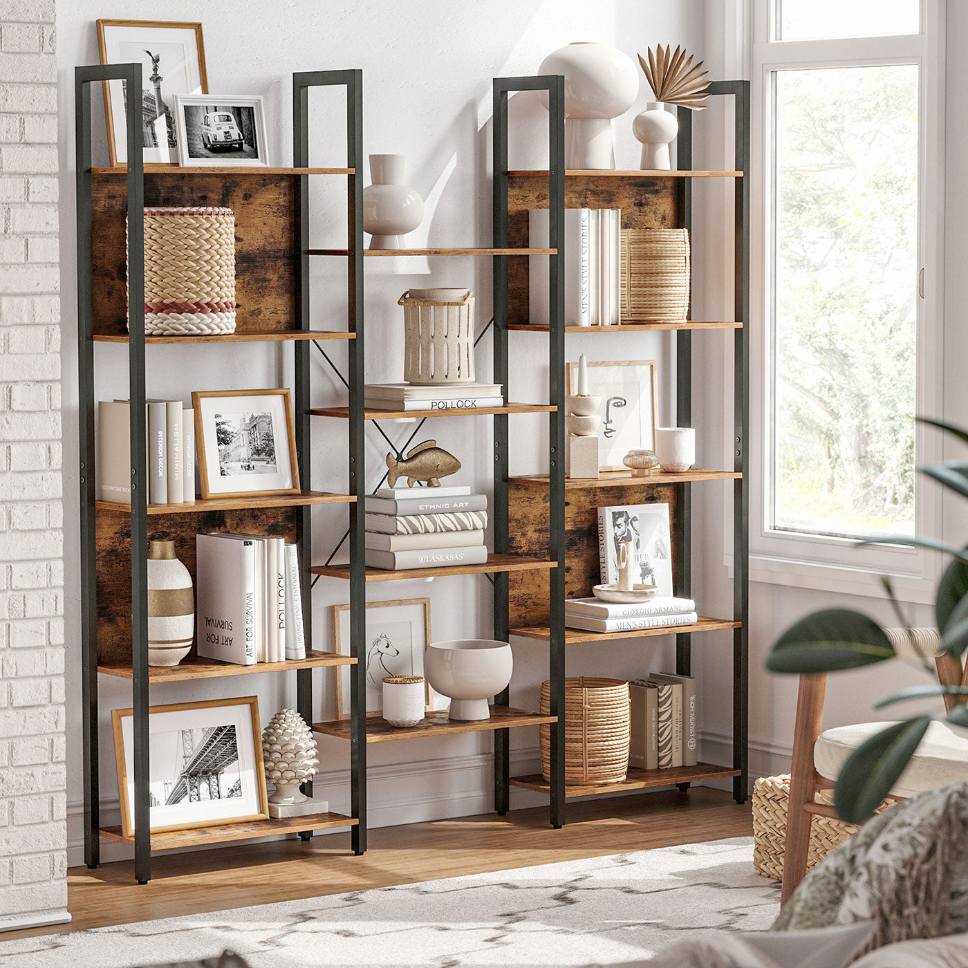 Large Bookshelf – Metal – Rustic Brown and Black – 14 Storage Shelves, Industrial Style