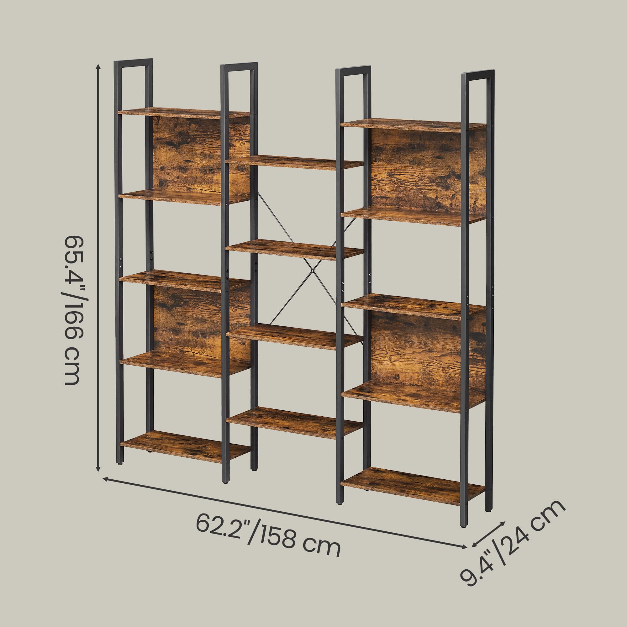 5-Tier Bookcase – Metal Frame – Rustic Brown and Black – Industrial Style with 14 Shelves