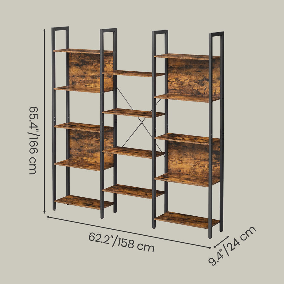 5-Tier Bookcase – Metal Frame – Rustic Brown and Black – Industrial Style with 14 Shelves