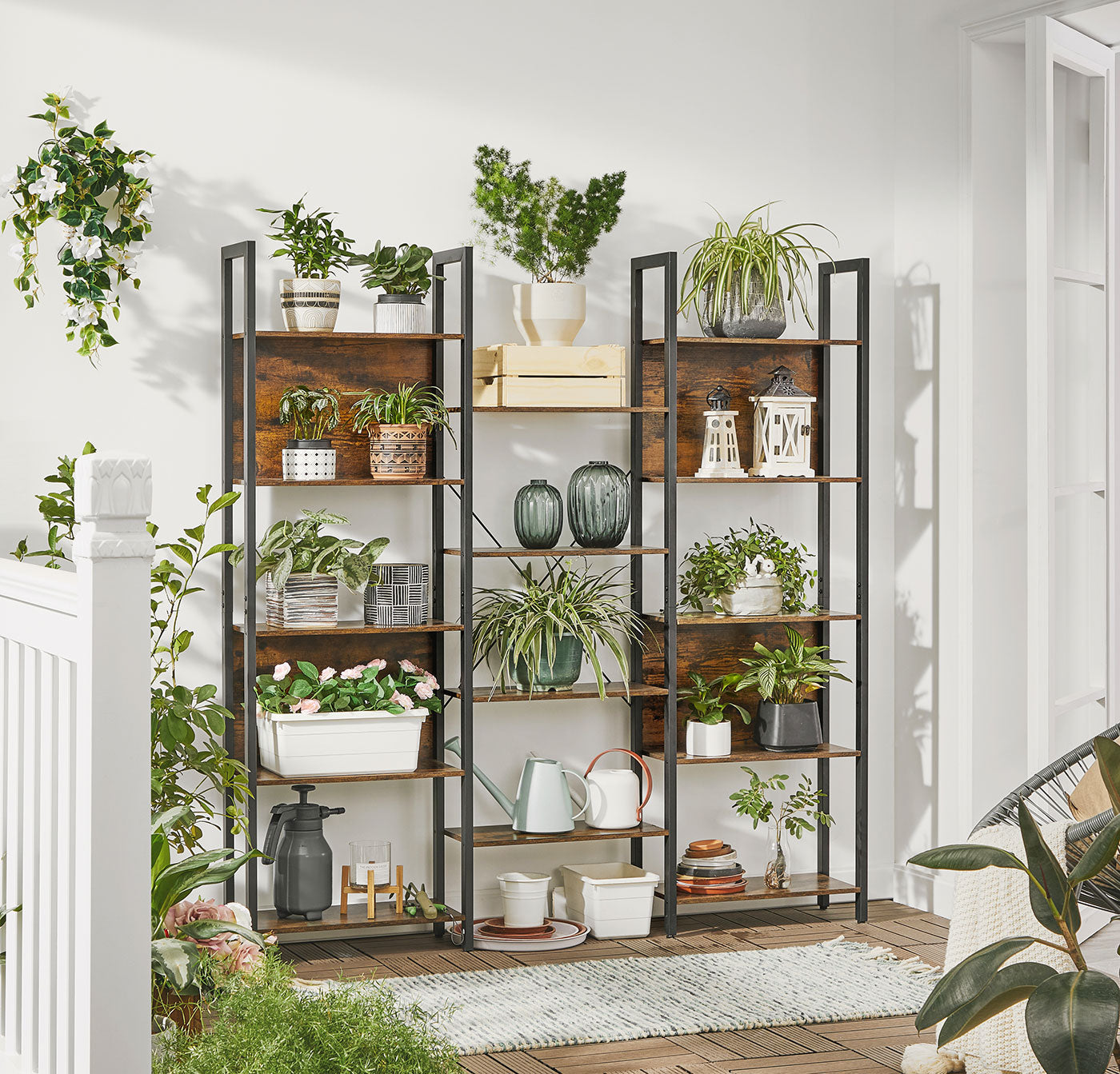 Large Bookshelf – Metal – Rustic Brown and Black – 14 Storage Shelves, Industrial Style