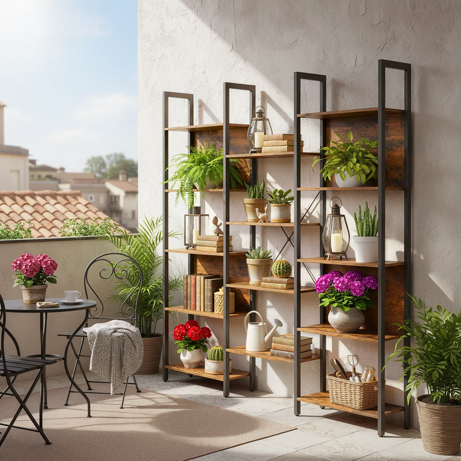 5-Tier Bookcase – Metal Frame – Rustic Brown and Black – Industrial Style with 14 Shelves