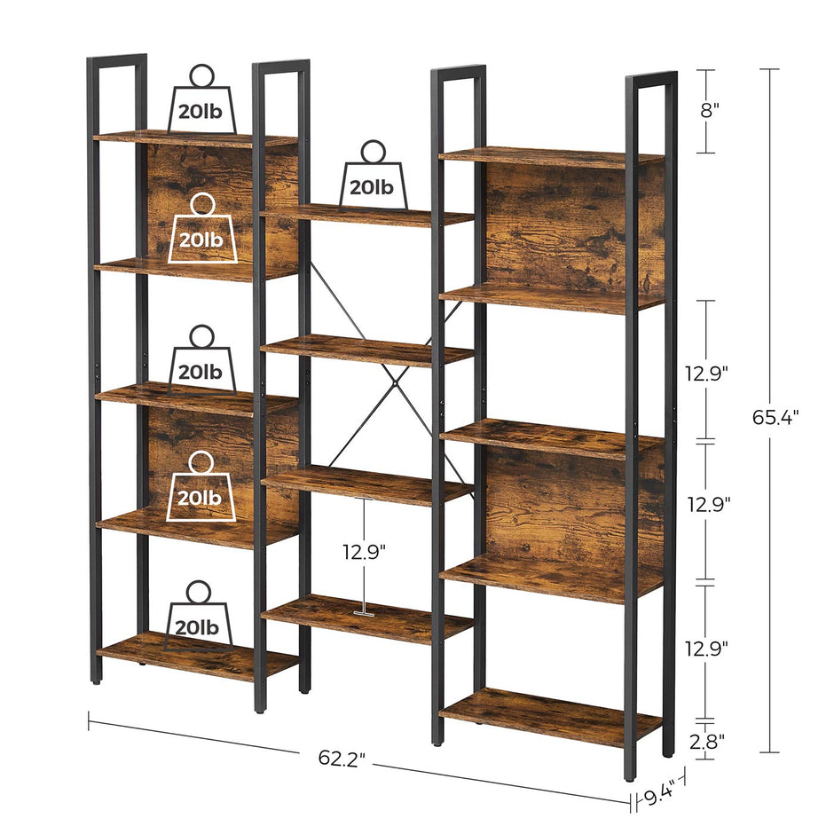 Large Bookshelf – Metal – Rustic Brown and Black – 14 Storage Shelves, Industrial Style