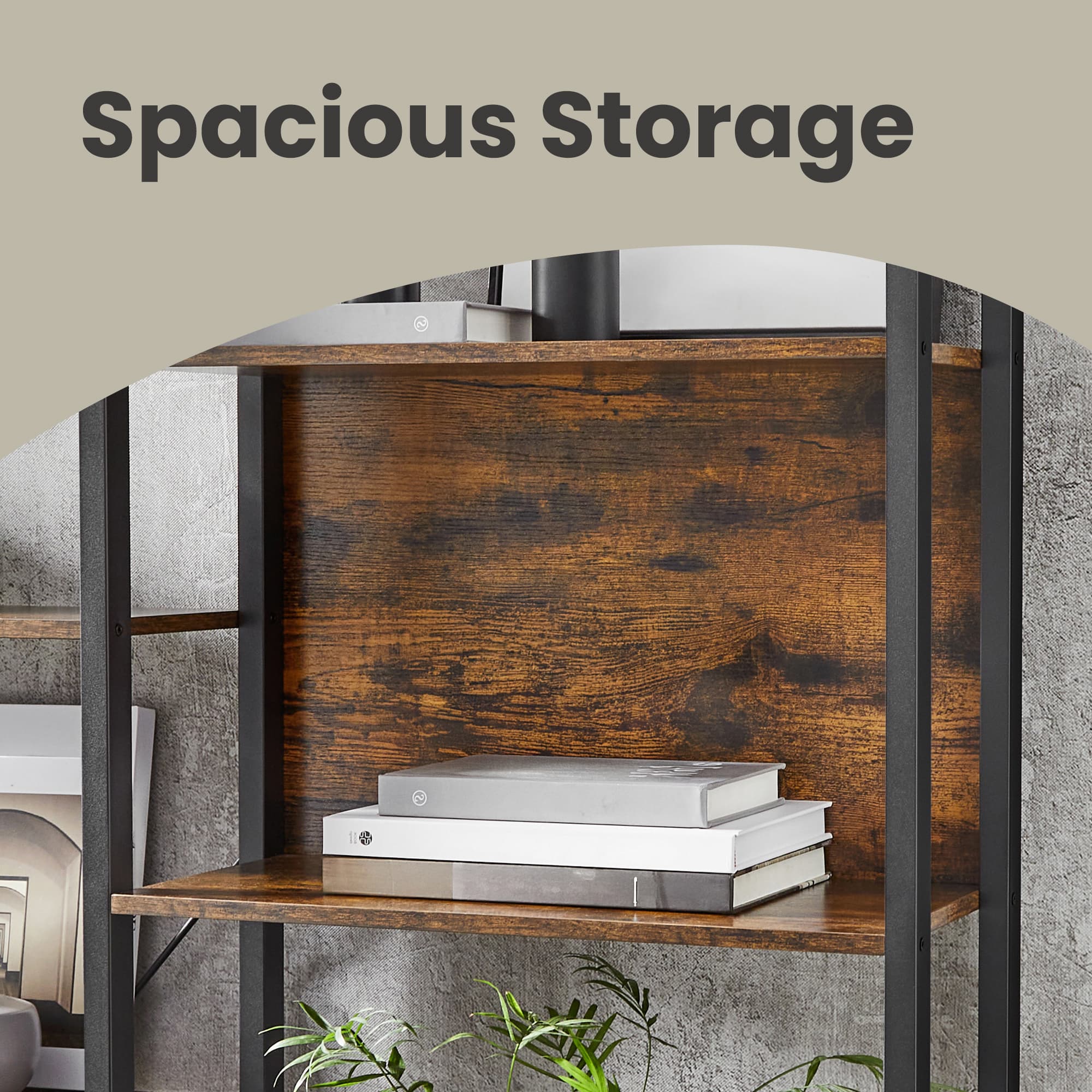 5-Tier Bookcase – Metal Frame – Rustic Brown and Black – Industrial Style with 14 Shelves