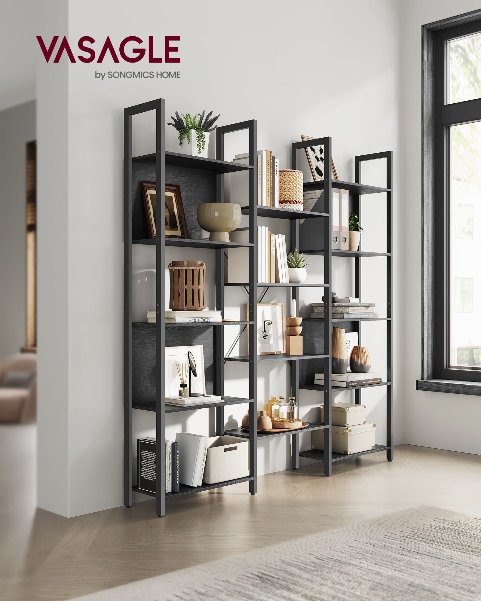 Bookcase – Metal – Ebony Black and Ink Black – 14 Storage Shelves, Industrial Style