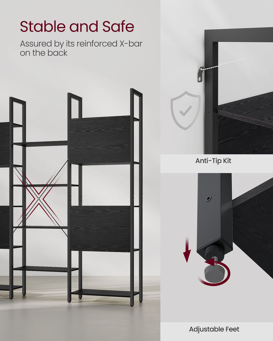 Bookcase – Metal – Ebony Black and Ink Black – 14 Storage Shelves, Industrial Style
