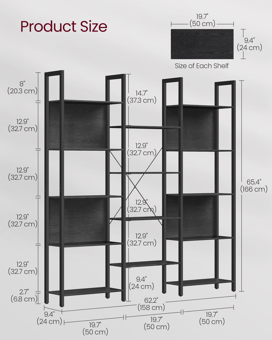 Bookcase – Metal – Ebony Black and Ink Black – 14 Storage Shelves, Industrial Style