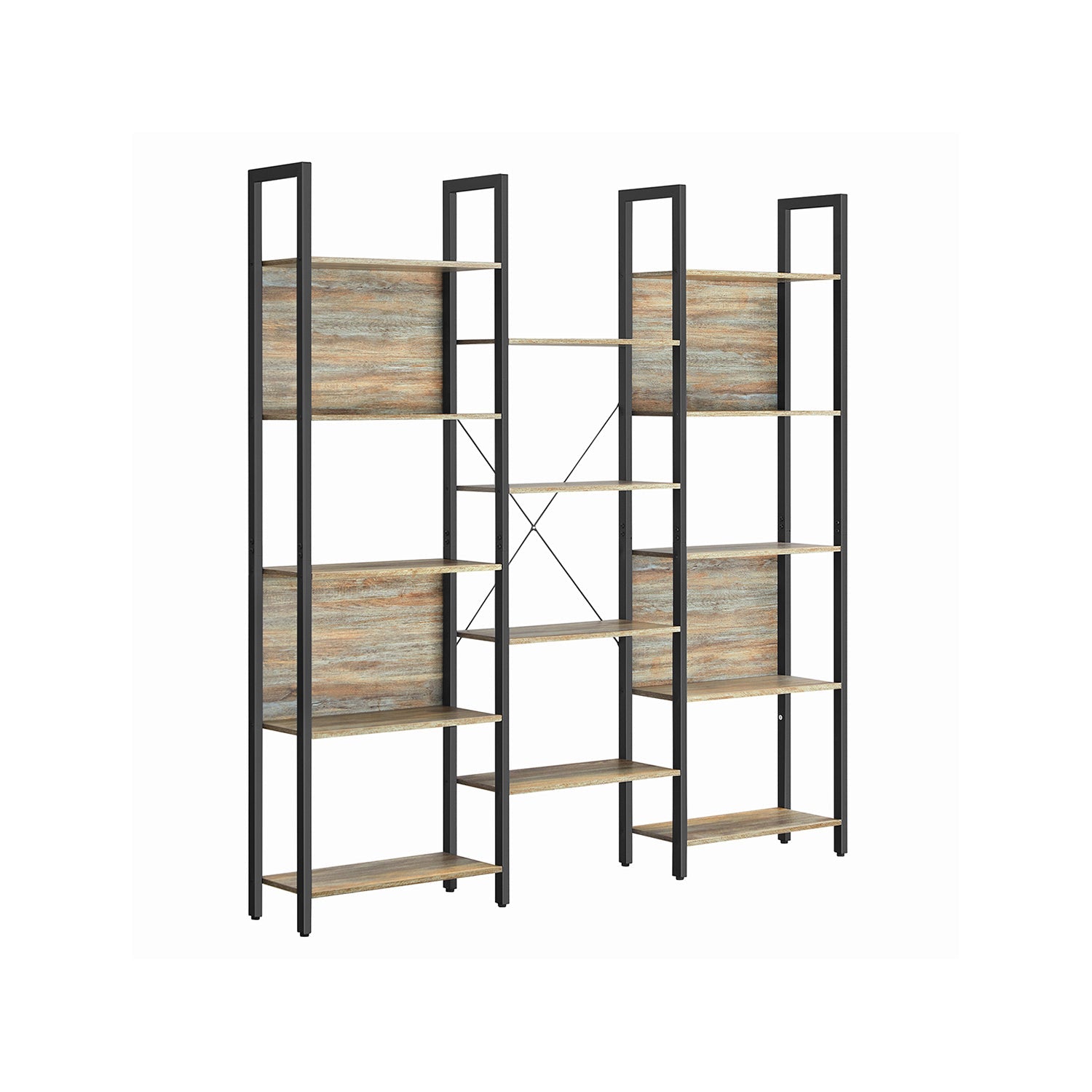 Bookshelf – Metal – Rustic Brown and Black – 14 Storage Shelves, Industrial Style