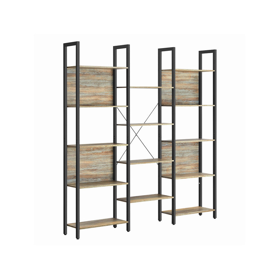 Bookshelf – Metal – Rustic Brown and Black – 14 Storage Shelves, Industrial Style