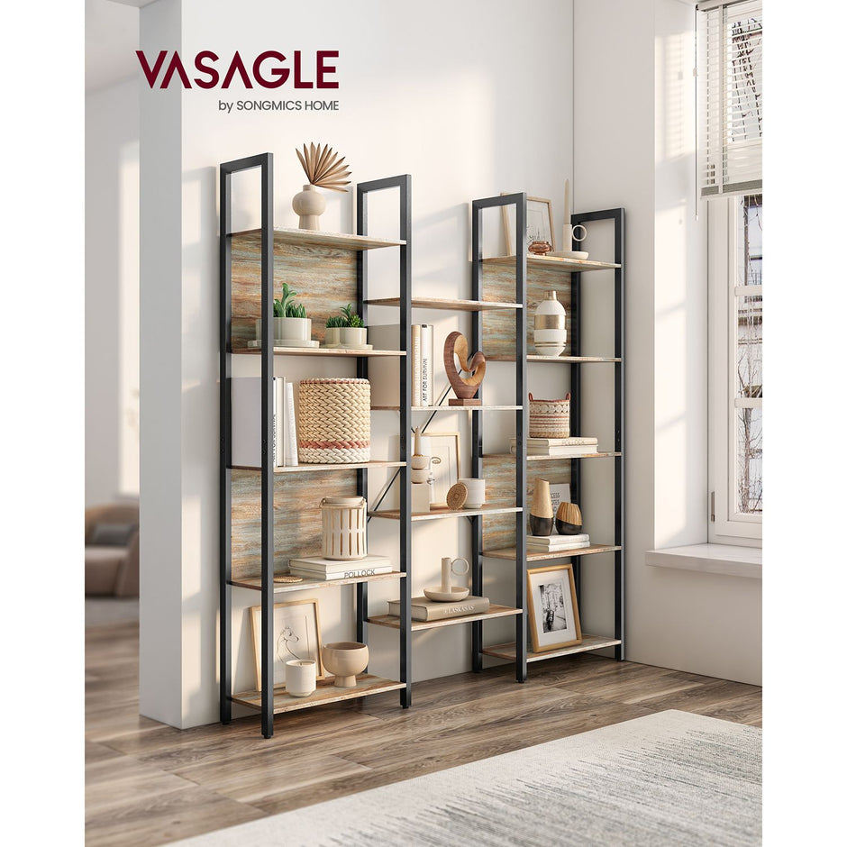 Bookshelf – Metal – Rustic Brown and Black – 14 Storage Shelves, Industrial Style