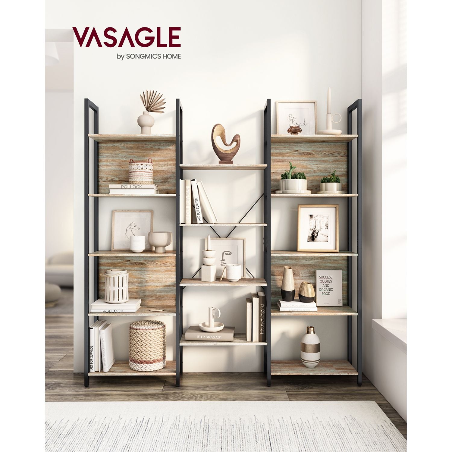 Bookshelf – Metal – Rustic Brown and Black – 14 Storage Shelves, Industrial Style
