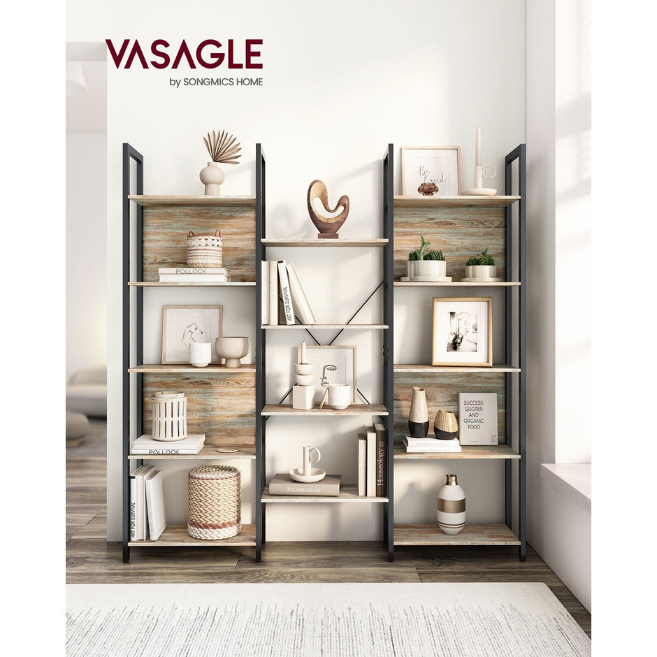 Bookshelf – Metal – Rustic Brown and Black – 14 Storage Shelves, Industrial Style