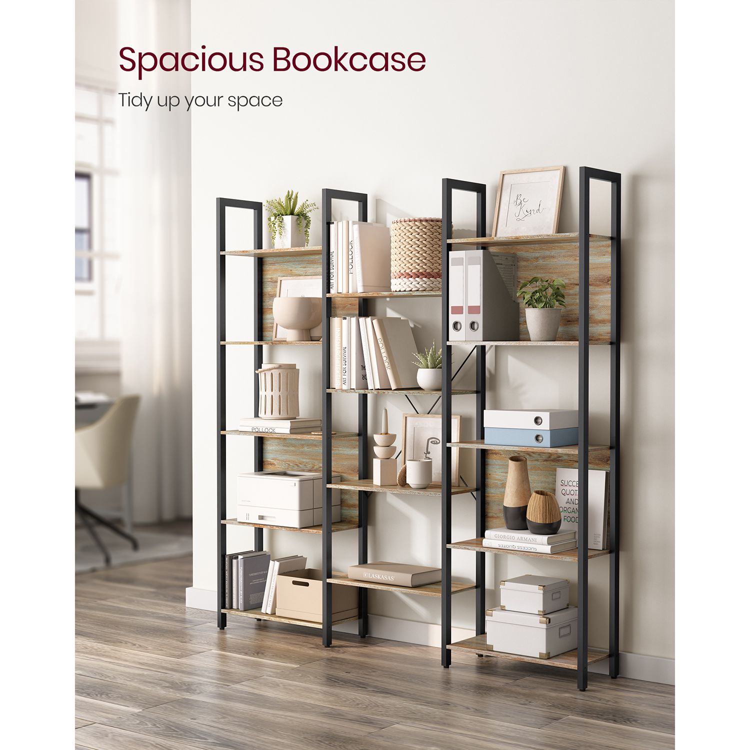 Bookshelf – Metal – Rustic Brown and Black – 14 Storage Shelves, Industrial Style
