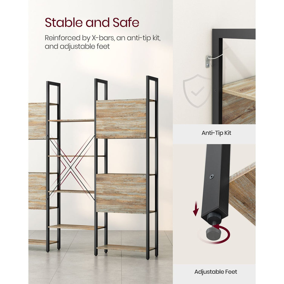 Bookshelf – Metal – Rustic Brown and Black – 14 Storage Shelves, Industrial Style