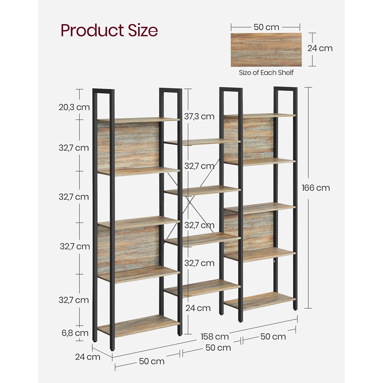 Bookshelf – Metal – Rustic Brown and Black – 14 Storage Shelves, Industrial Style