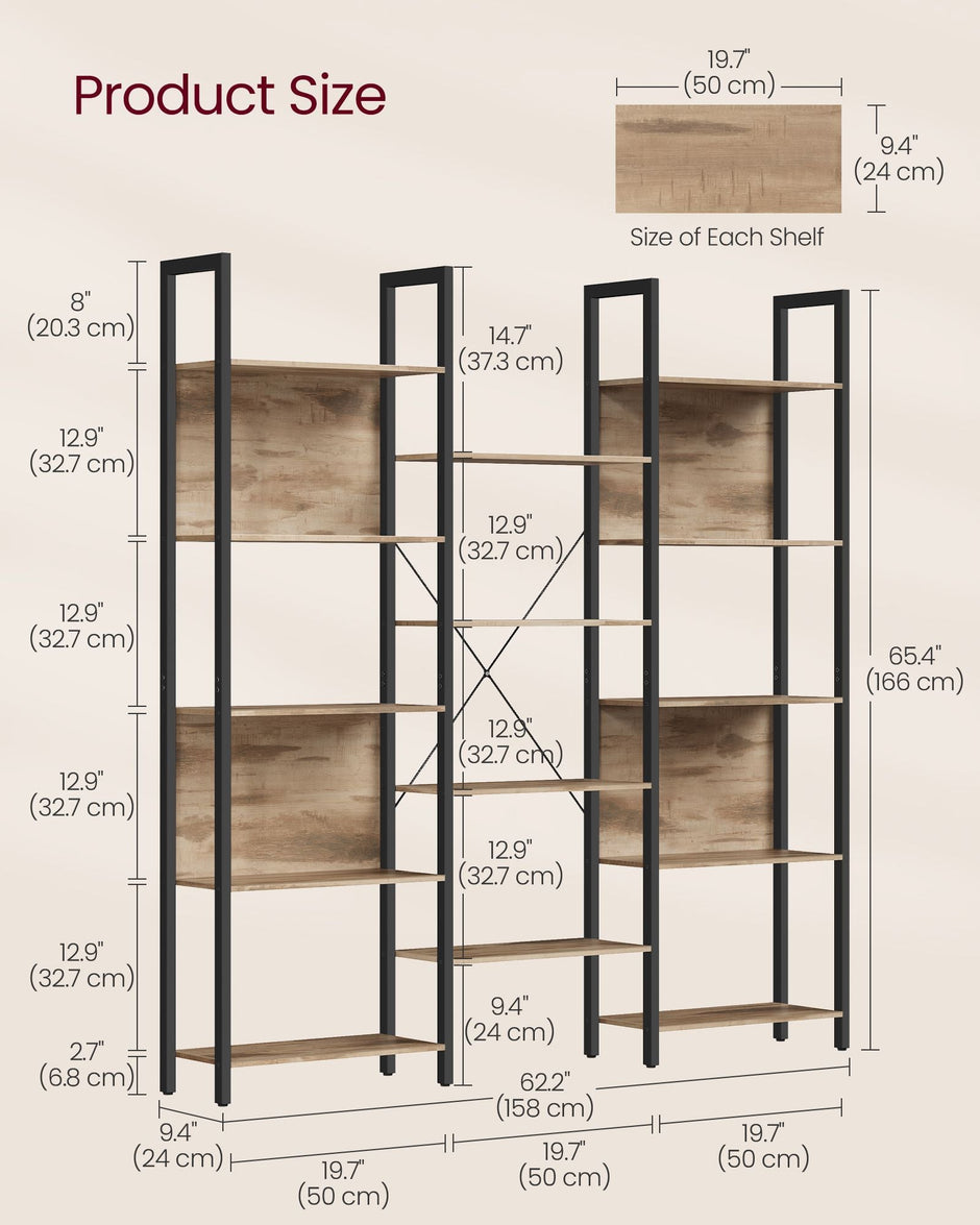 Bookcase – Metal – Rustic Brown and Ink Black – 14 Shelves, Industrial Style
