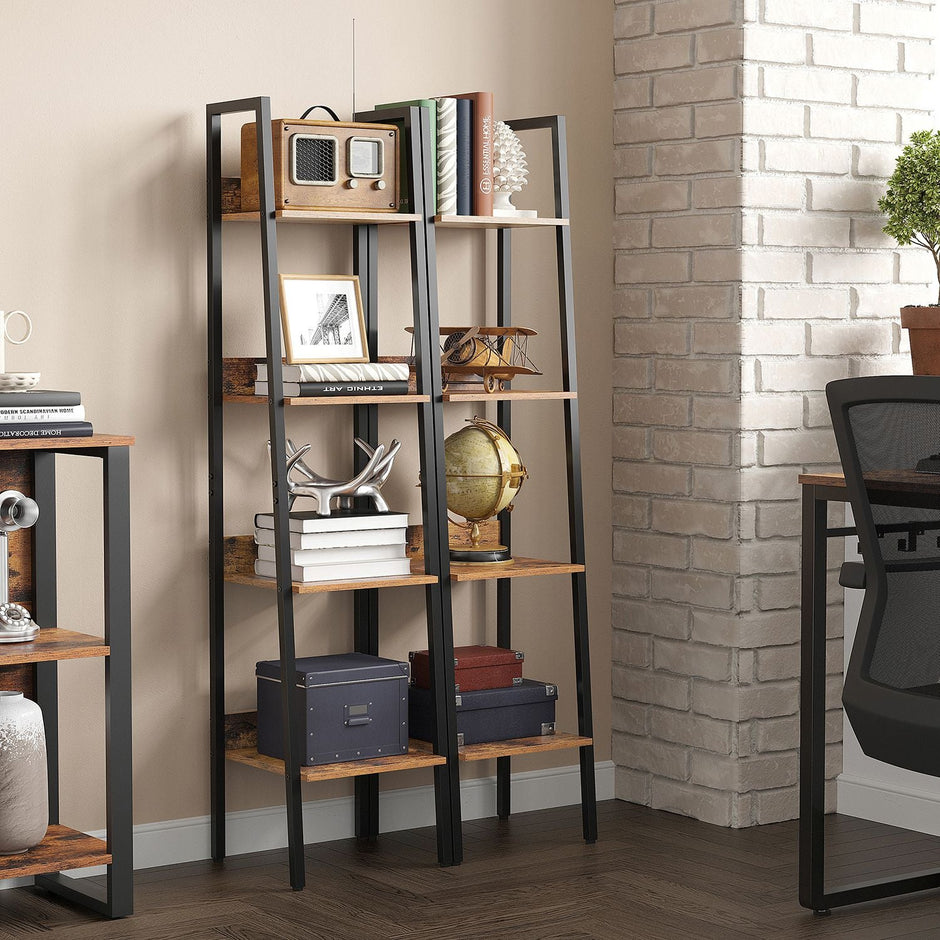 Ladder Shelf – Steel – Rustic Brown and Black – 4-Tier Freestanding Storage