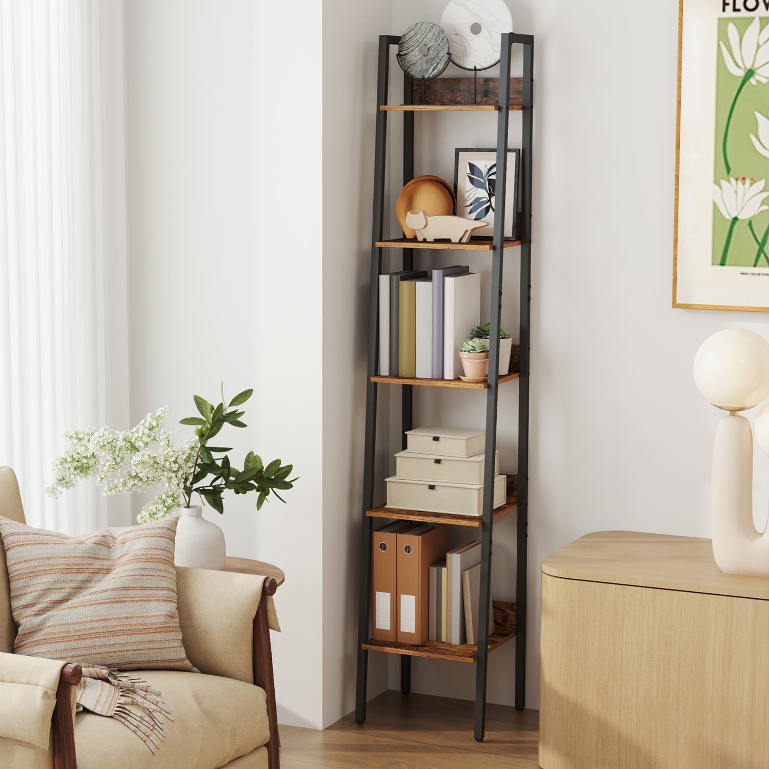 5-Tier Narrow Ladder Bookshelf – Wood – Rustic Brown and Ink Black – Versatile for Home Office, Living Room, Bedroom, and Kitchen