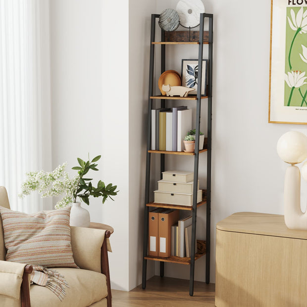 5-Tier Narrow Ladder Bookshelf – Wood – Rustic Brown and Ink Black – Versatile for Home Office, Living Room, Bedroom, and Kitchen