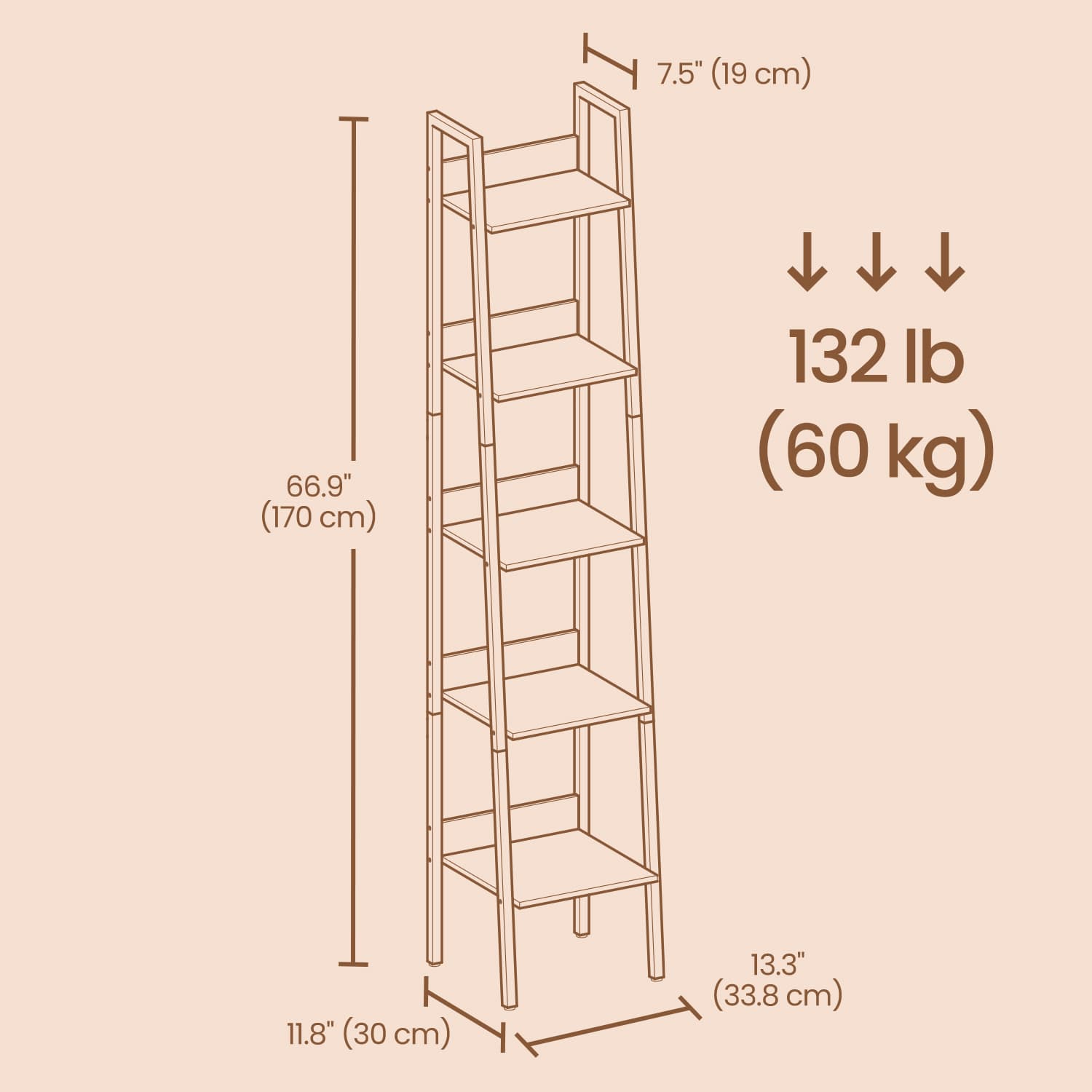 5-Tier Narrow Ladder Bookshelf – Wood – Rustic Brown and Ink Black – Versatile for Home Office, Living Room, Bedroom, and Kitchen