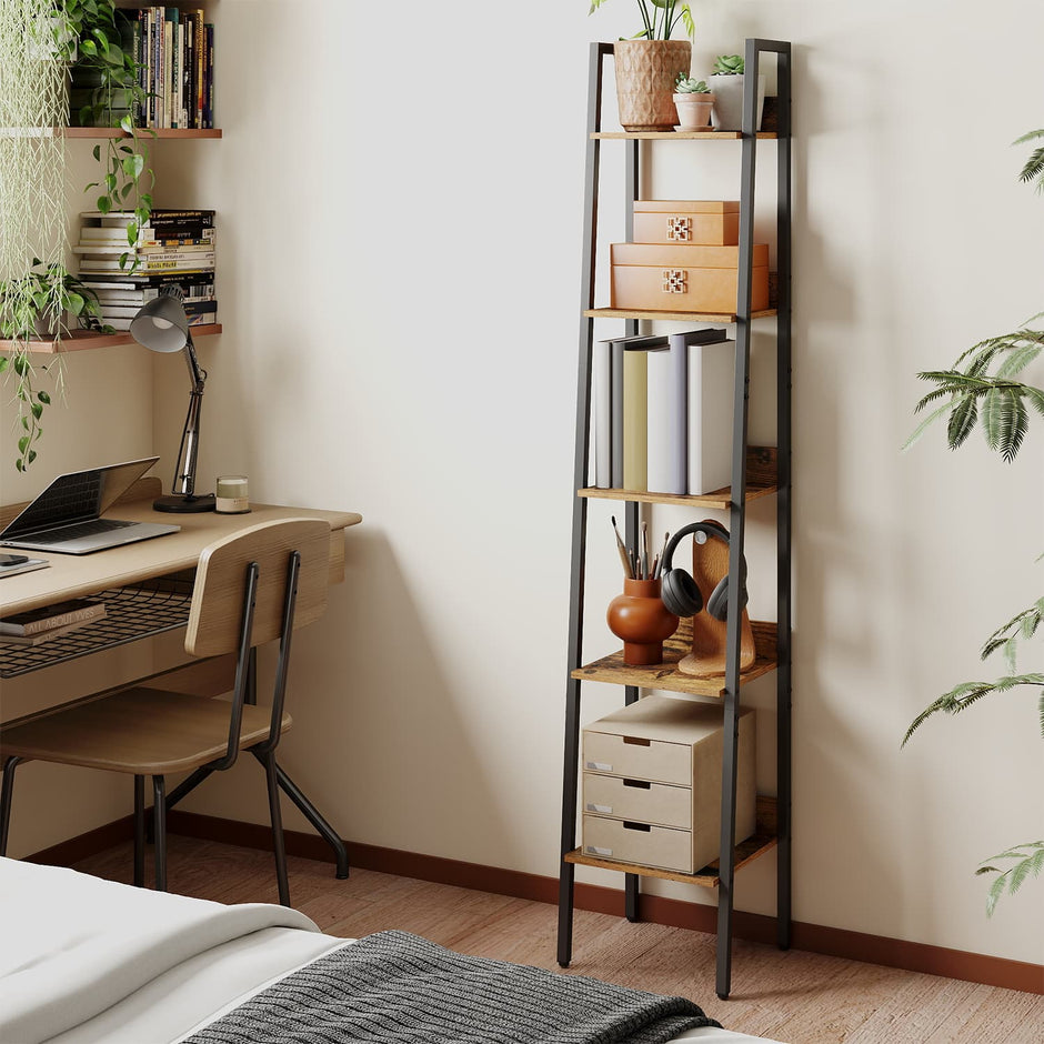 5-Tier Narrow Ladder Bookshelf – Wood – Rustic Brown and Ink Black – Versatile for Home Office, Living Room, Bedroom, and Kitchen