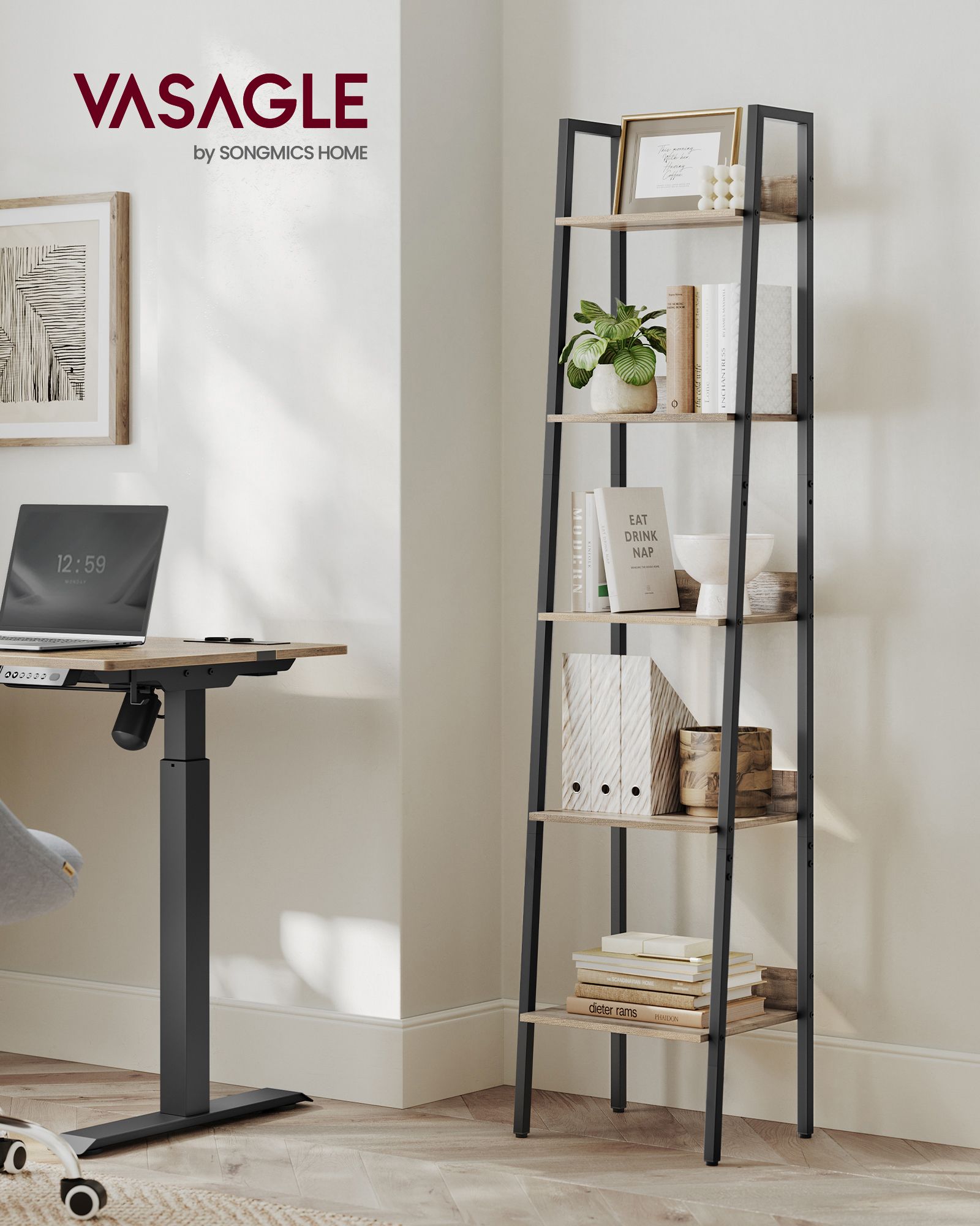 5-Tier Ladder Shelf – Steel Frame – Rustic Brown and Black – Freestanding Storage for Home Office and Living Spaces