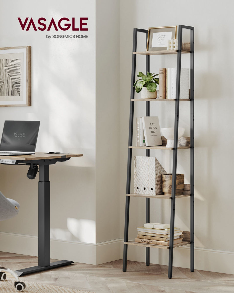 5-Tier Ladder Shelf – Steel Frame – Rustic Brown and Black – Freestanding Storage for Home Office and Living Spaces