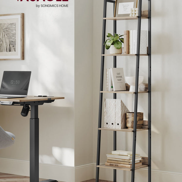 5-Tier Ladder Shelf – Steel Frame – Rustic Brown and Black – Freestanding Storage for Home Office and Living Spaces