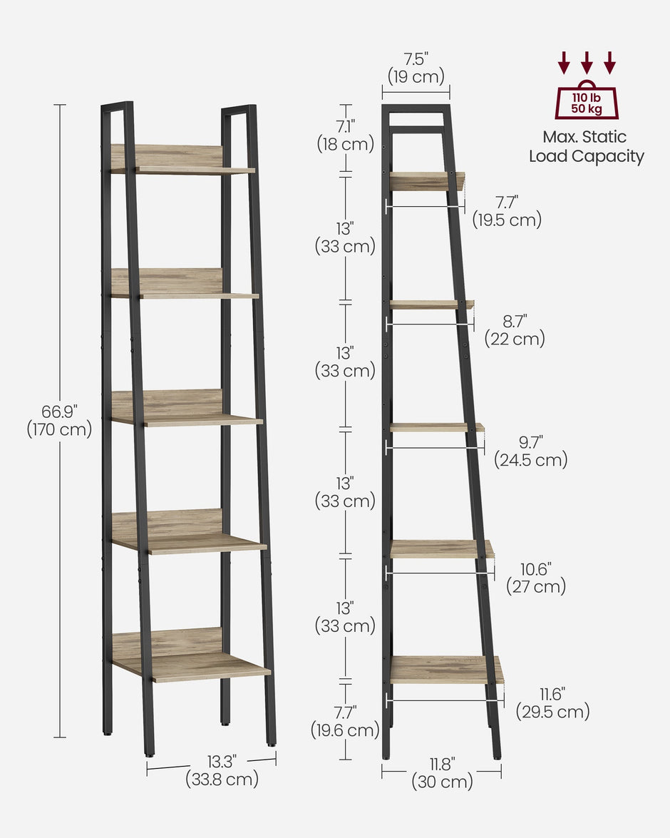 5-Tier Ladder Shelf – Steel Frame – Rustic Brown and Black – Freestanding Storage for Home Office and Living Spaces