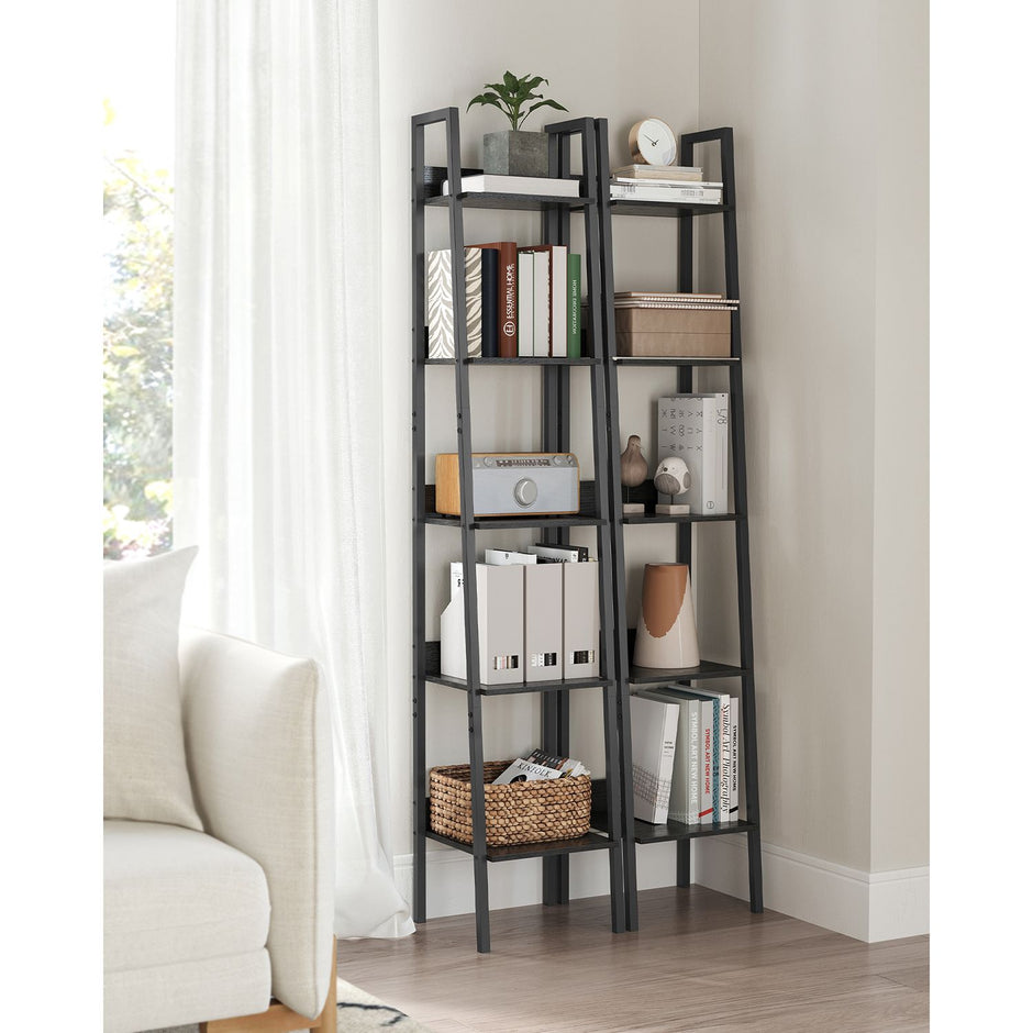 5-Tier Freestanding Narrow Shelf – Steel Frame – Rustic Brown and Black – Easy to Assemble