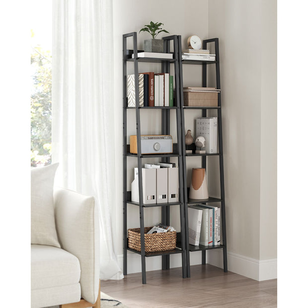 5-Tier Freestanding Narrow Shelf – Steel Frame – Rustic Brown and Black – Easy to Assemble
