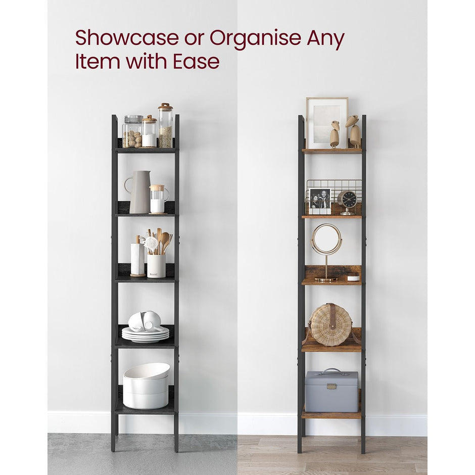 5-Tier Freestanding Narrow Shelf – Steel Frame – Rustic Brown and Black – Easy to Assemble