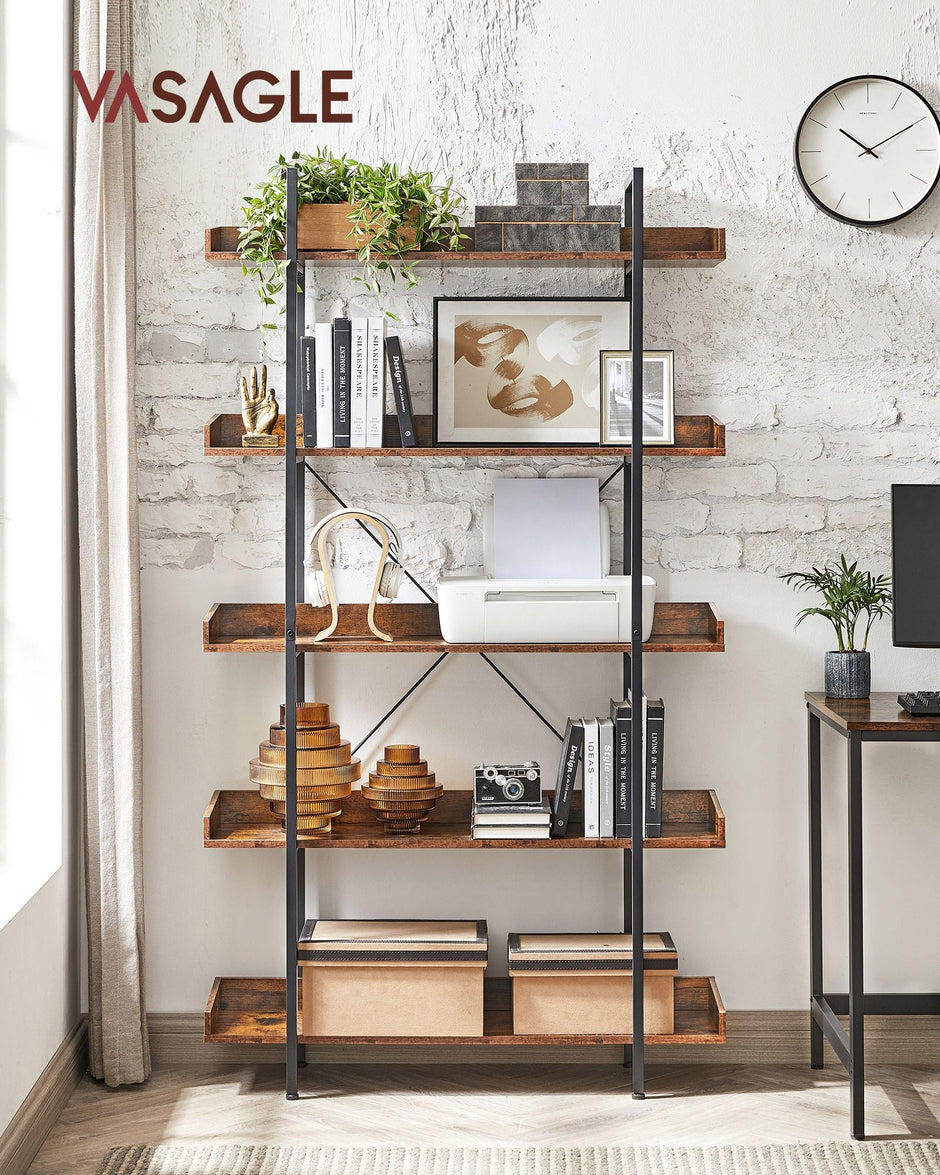 5-Tier Bookcase – Wood and Metal – Rustic Brown and Black – Versatile Storage Solution for Living Room, Bedroom, and Home Office