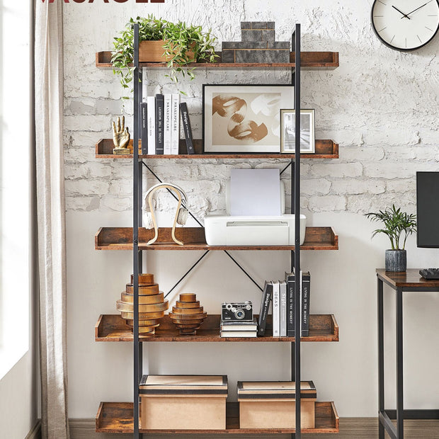 5-Tier Bookcase – Wood and Metal – Rustic Brown and Black – Versatile Storage Solution for Living Room, Bedroom, and Home Office