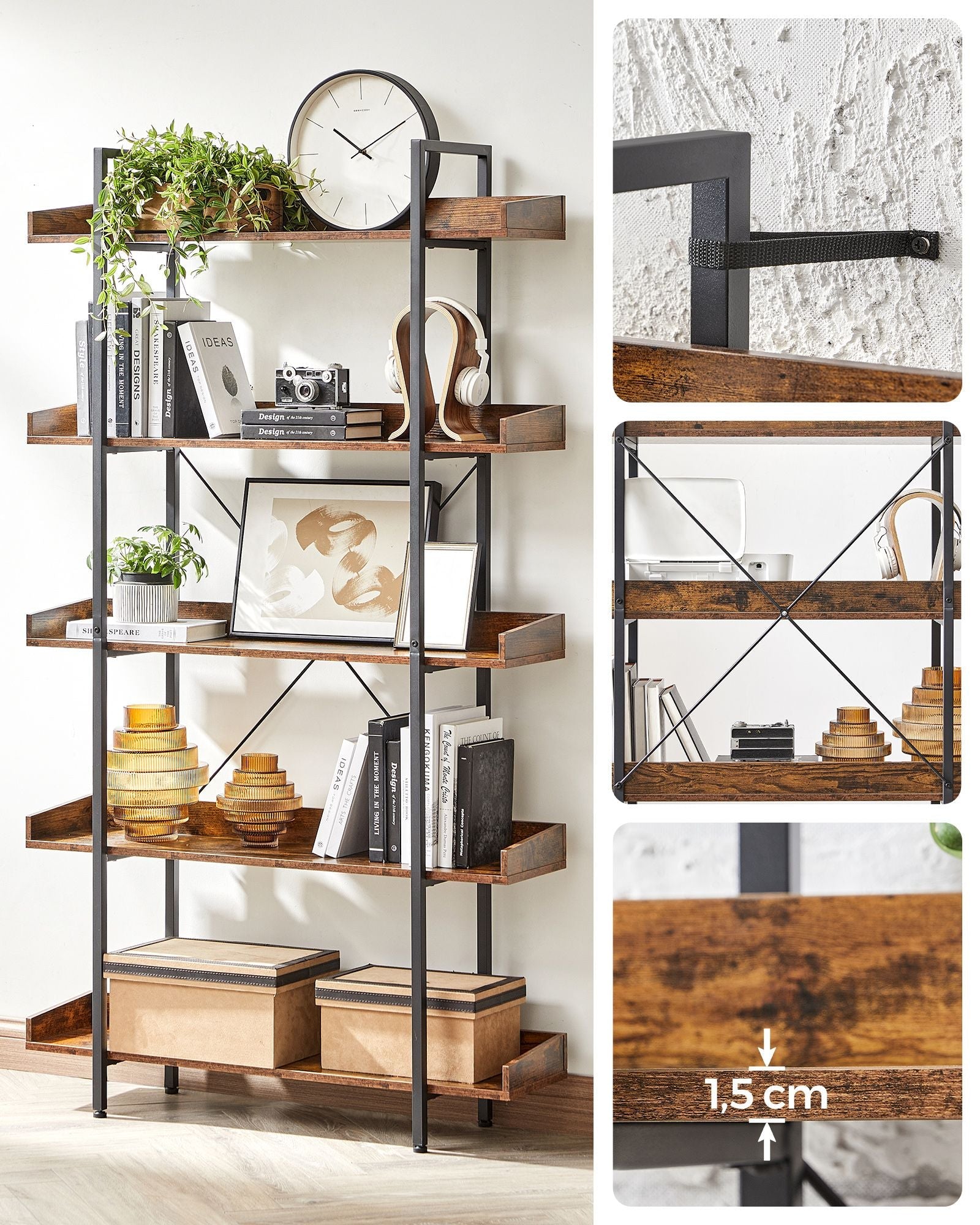 5-Tier Bookcase – Wood and Metal – Rustic Brown and Black – Versatile Storage Solution for Living Room, Bedroom, and Home Office