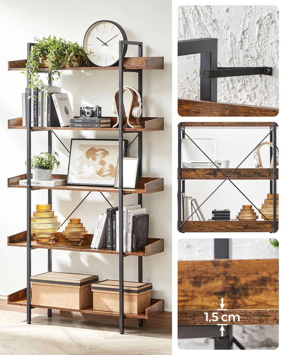 5-Tier Bookcase – Wood and Metal – Rustic Brown and Black – Versatile Storage Solution for Living Room, Bedroom, and Home Office