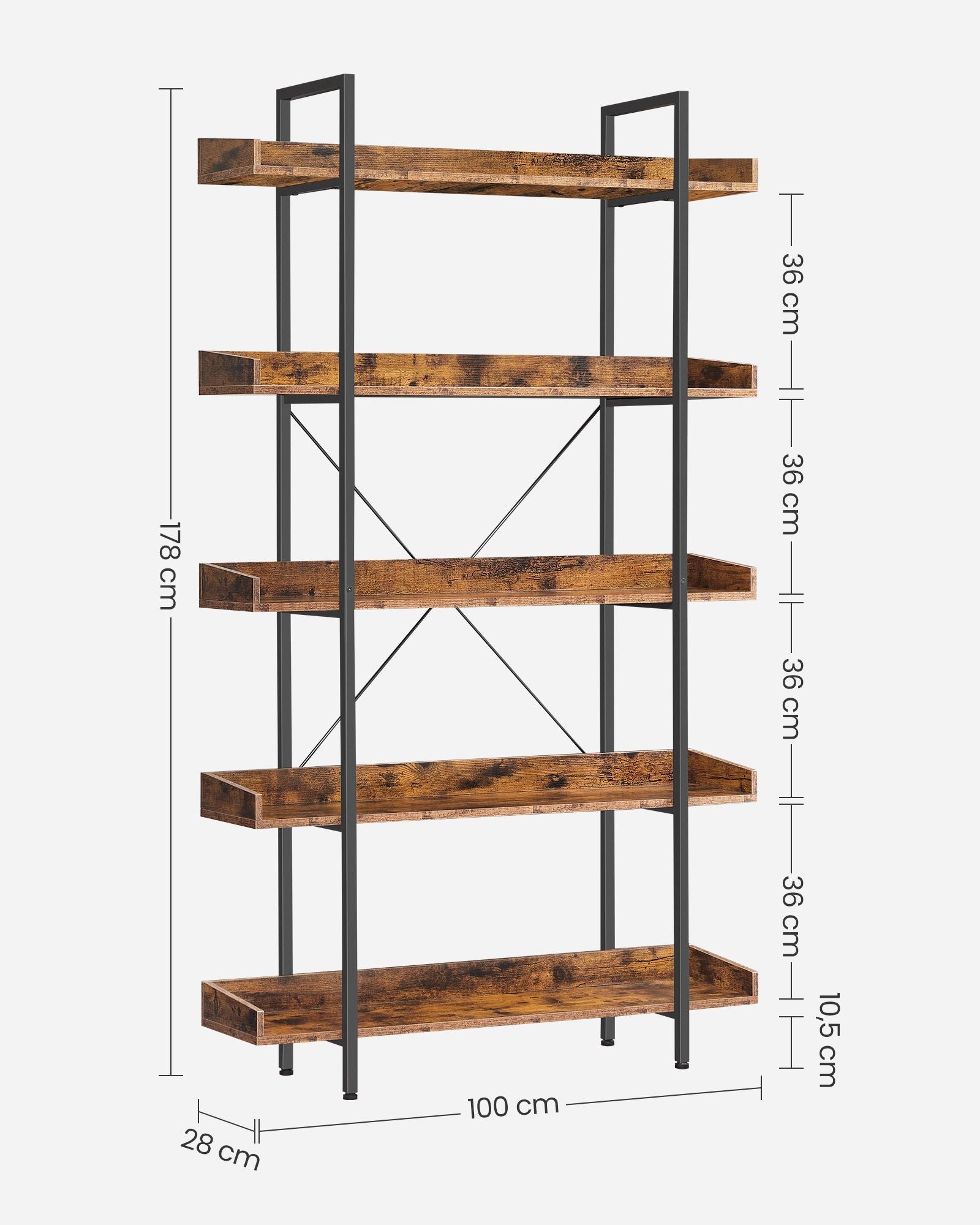 5-Tier Bookcase – Wood and Metal – Rustic Brown and Black – Versatile Storage Solution for Living Room, Bedroom, and Home Office