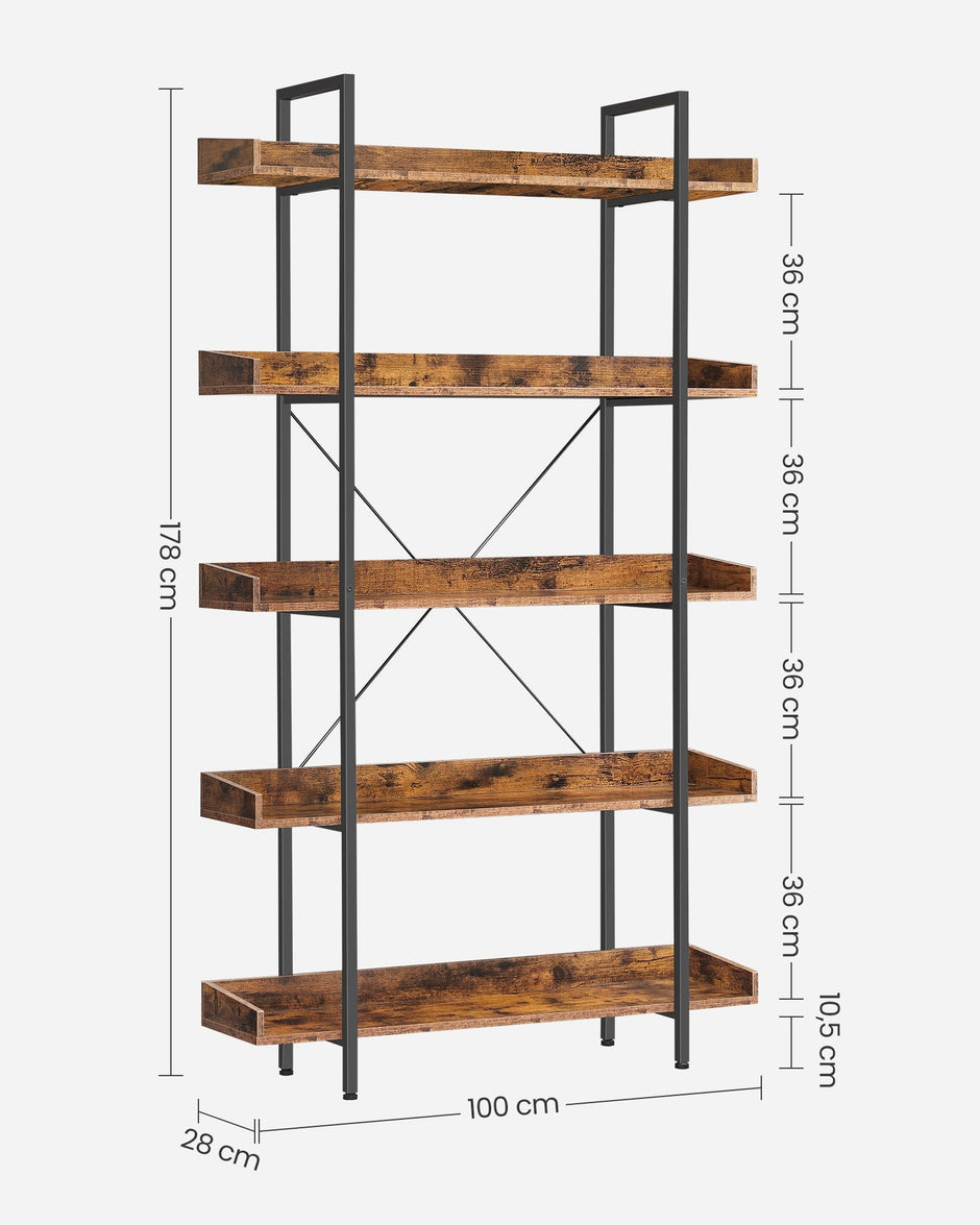 5-Tier Bookcase – Wood and Metal – Rustic Brown and Black – Versatile Storage Solution for Living Room, Bedroom, and Home Office