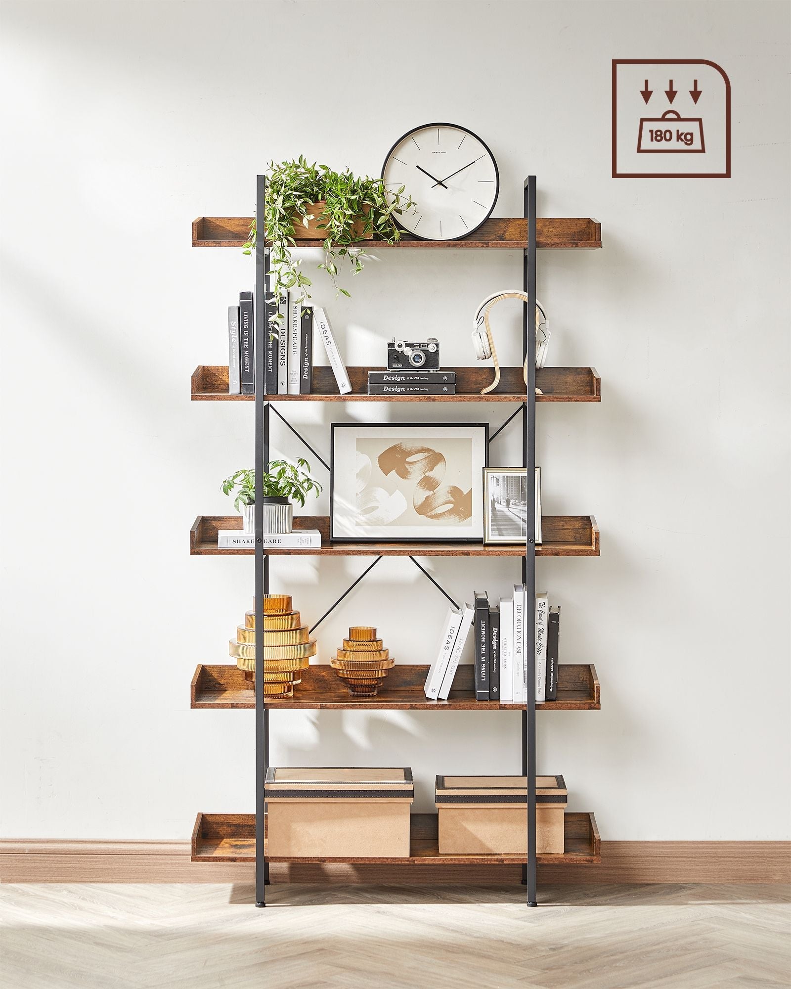 5-Tier Bookcase – Wood and Metal – Rustic Brown and Black – Versatile Storage Solution for Living Room, Bedroom, and Home Office