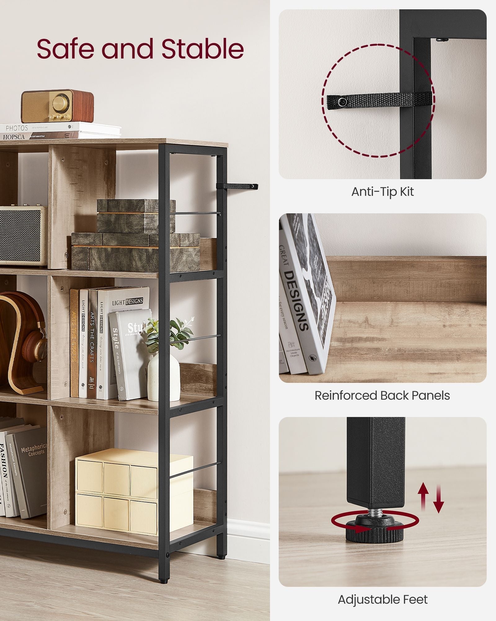 4-Tier Bookcase – Wood – Rustic Brown and Black – Industrial Design