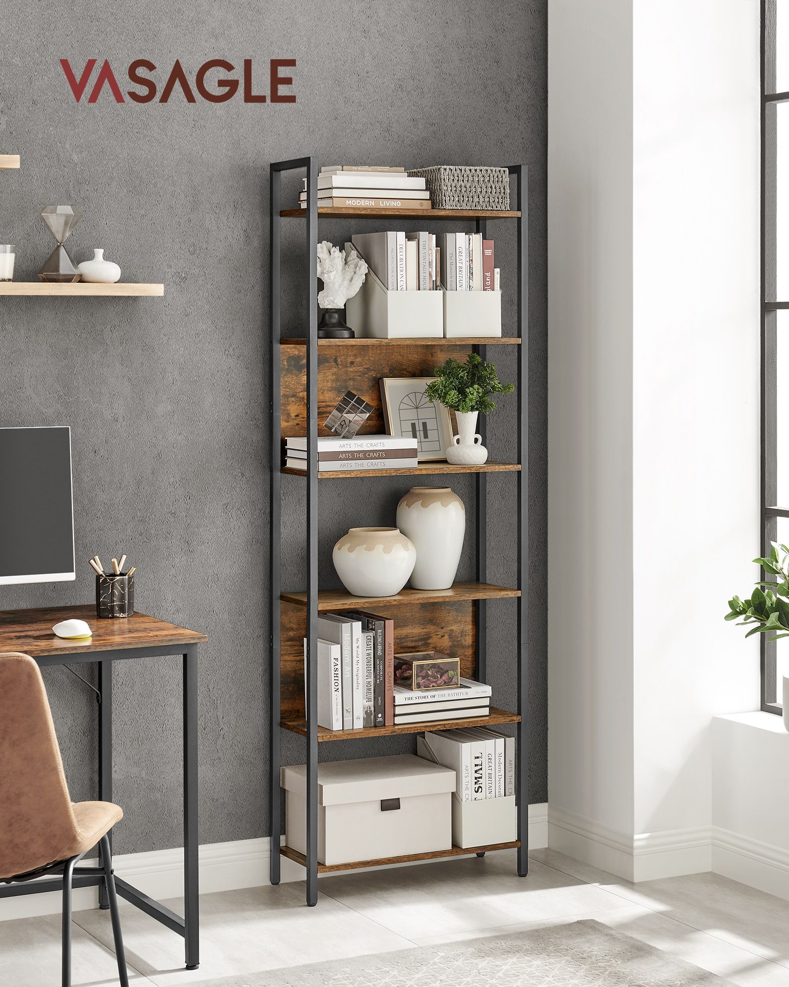 6 Shelf Bookcase – Steel – Rustic Brown and Black – Industrial Style