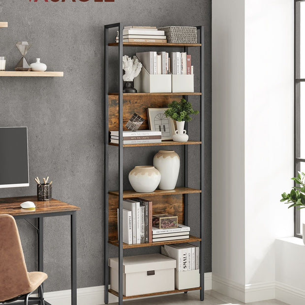 6 Shelf Bookcase – Steel – Rustic Brown and Black – Industrial Style