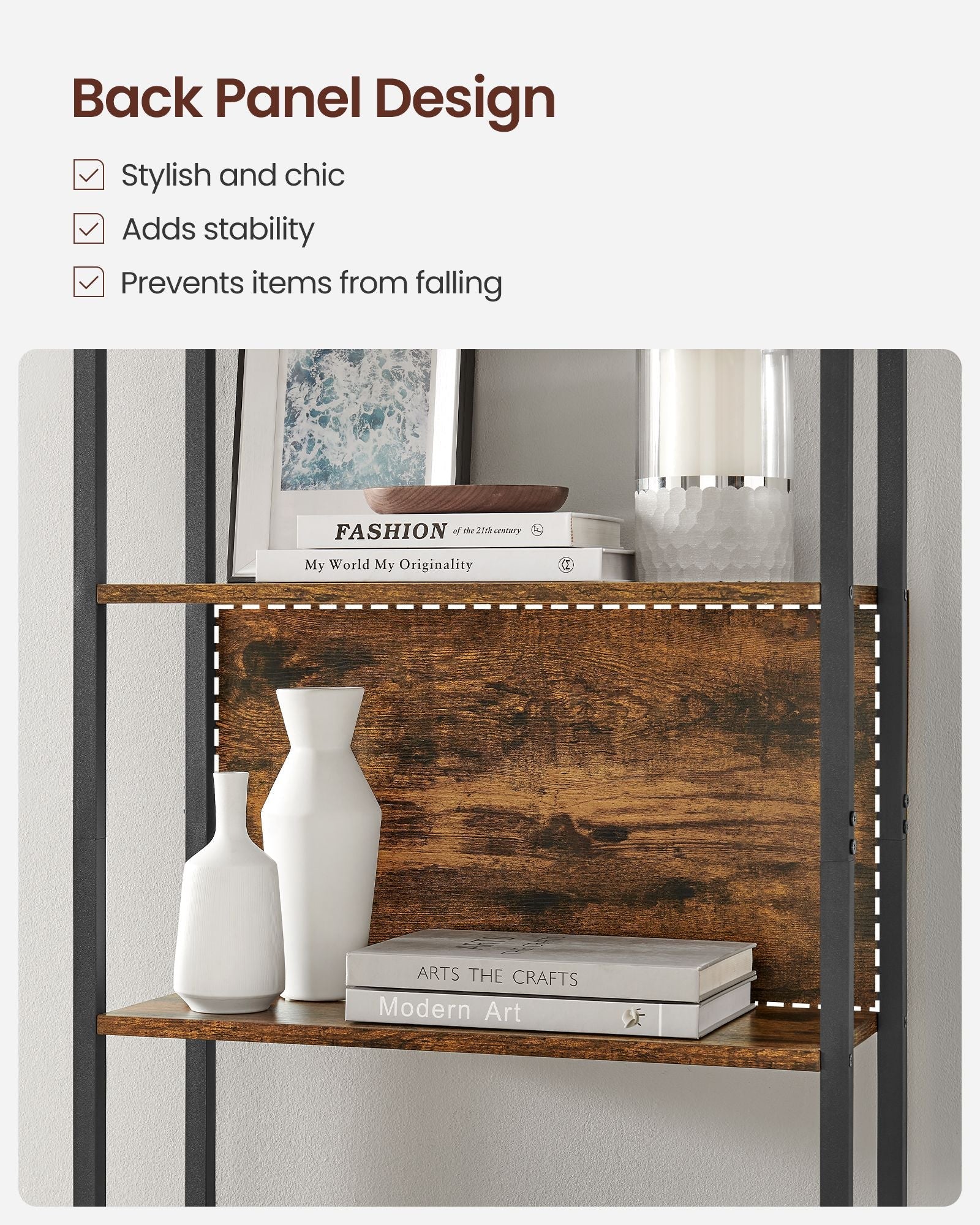 6 Shelf Bookcase – Steel – Rustic Brown and Black – Industrial Style